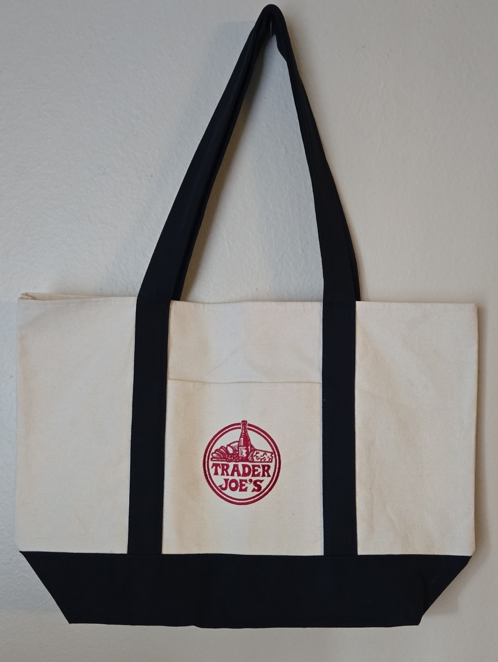 Trader Joe’s Large Canvas Tote Bag Navy Blue Red Logo Grocery Market